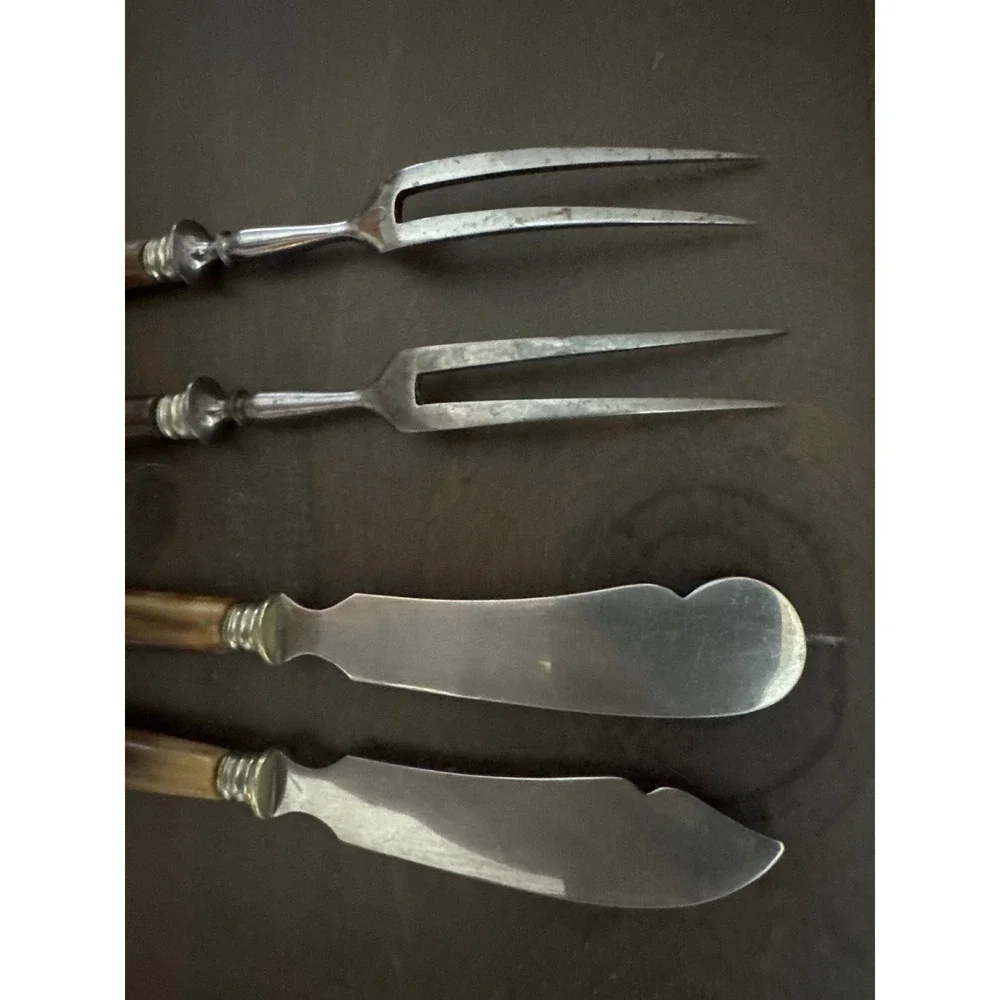 G Felix Solingen Rein Nickel Fish Knives and Cold Meat Forks Horn Handles 4pc
